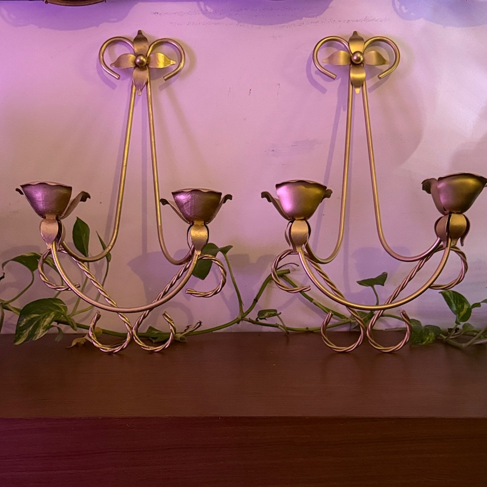 Vintage Home Interiors Gold Wall Candle Holders - Pair